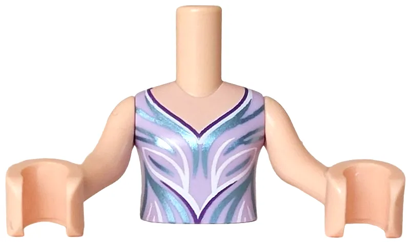 Torso Mini Doll Girl Sleeveless Dress Top with Dark Purple, Metallic Light Blue and White Collar and Curved Lines Pattern, Light Nougat Arms with Hands