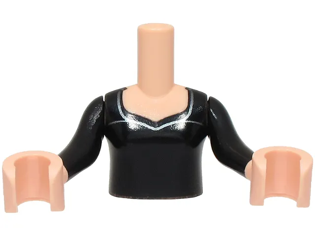 Torso Mini Doll Girl Black Dress Top, Dark Silver Trim Around Neck Pattern, Light Nougat Arms with Hands with Black Long Sleeves