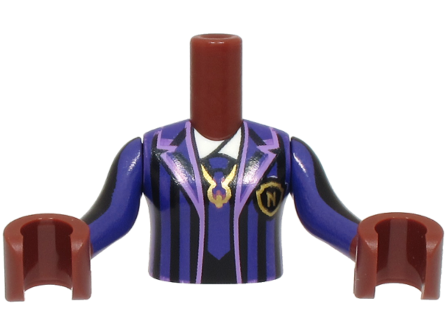 Torso Mini Doll Girl Dark Purple Striped School Uniform Jacket with Tie, Gold Letter N Logo Badge and Necklace, White Shirt Pattern, Reddish Brown Arms with Hands with Black and Dark Purple Long Sleeves