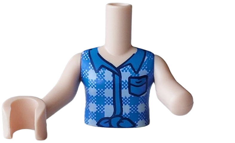 Torso Mini Doll Girl Blue and Bright Light Blue Tied Flannel Vest with Black Outline Pocket Pattern, Light Nougat Arm Left, Light Nougat Arm with Hand Right