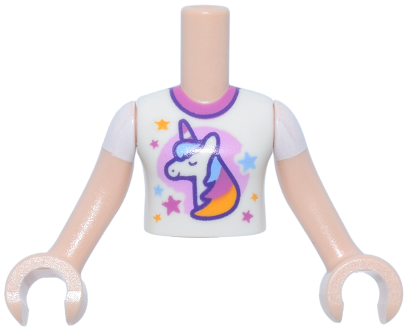 Torso Mini Doll Girl White T-Shirt with Unicorn, Stars and Dark Pink Collar Pattern, Light Nougat Arms with Hands with White Short Sleeves