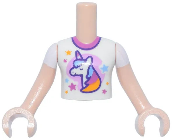 Torso Mini Doll Girl White T-Shirt with Unicorn, Stars and Dark Pink Collar Pattern, Light Nougat Arms with Hands with White Short Sleeves