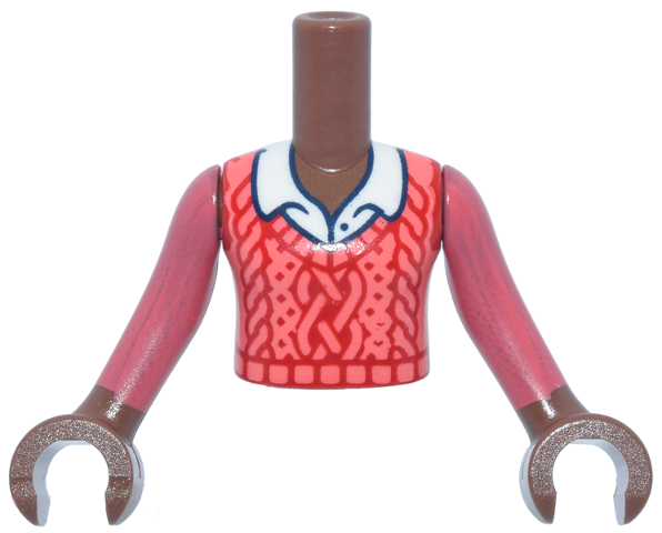 Torso Mini Doll Girl Coral and Red Cable Knit Sweater Vest over White Shirt with Collar Pattern, Medium Brown Arms with Hands with Coral Long Sleeves