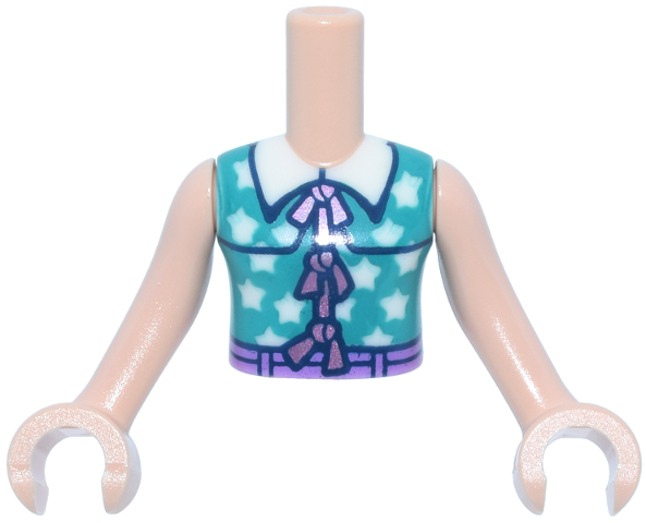 Torso Mini Doll Girl Dark Turquoise Sleeveless Shirt with White Stars and Collar, Metallic Pink Ties and Medium Lavender Waistband Pattern, Light Nougat Arms with Hands