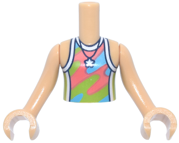Torso Mini Doll Girl Lime Tank Top with Coral and Medium Azure Print, White Trim and Star Necklace Pattern, Medium Tan Arms with Hands