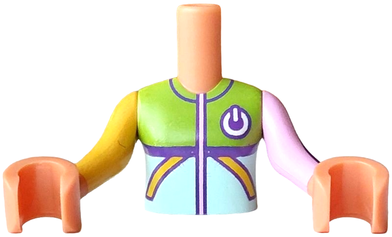 Torso Mini Doll Girl Light Aqua and Lime Sweater with Dark Purple Trim Pattern, Nougat Arms with Hands with Bright Pink Long Sleeve with Dark Purple Stripe Left, Yellow Long Sleeve with Dark Purple Stripe Right