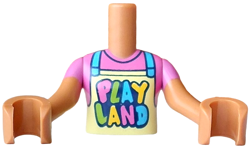 Torso Mini Doll Girl Bright Light Yellow Apron with Medium Azure Straps and 'PLAYLAND' over Dark Pink  T-Shirt Pattern, Medium Nougat Arms with Hands with Dark Pink Short Sleeves