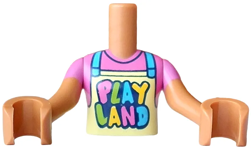 Torso Mini Doll Girl Bright Light Yellow Apron with Medium Azure Straps and 'PLAYLAND' over Dark Pink  T-Shirt Pattern, Medium Nougat Arms with Hands with Dark Pink Short Sleeves