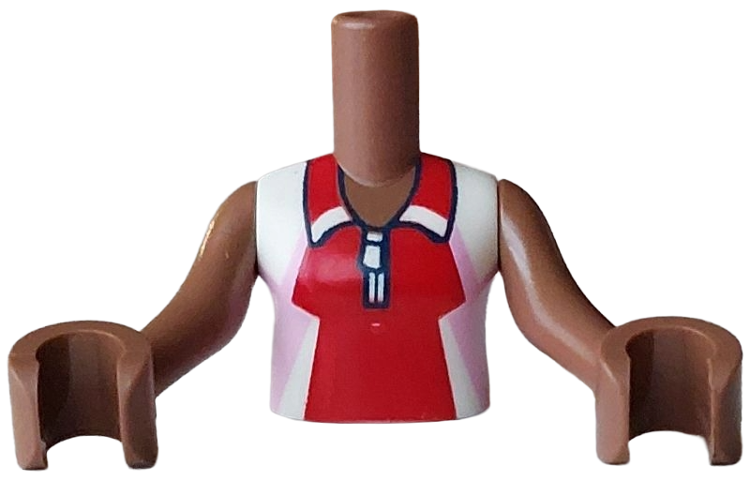 Torso Mini Doll Girl Bright Pink, Red and White Sleeveless Shirt with Zipper and Collar, Medium Brown Arms with Hands