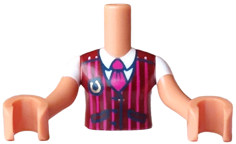 Torso Mini Doll Girl Dark Red Striped Vest with Dark Blue Buttons, Pockets and Badge with Gold Horseshoe over White Shirt with Magenta Tie Pattern, Nougat Arms with Hands with White Short Sleeves