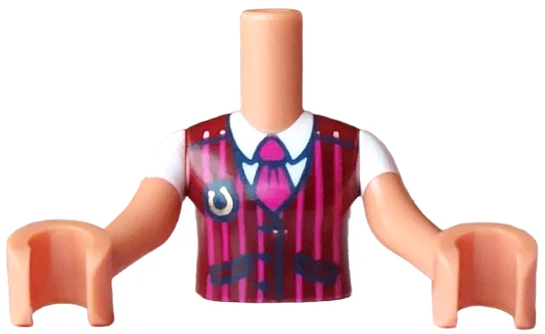 Torso Mini Doll Girl Dark Red Striped Vest with Dark Blue Buttons, Pockets and Badge with Gold Horseshoe over White Shirt with Magenta Tie Pattern, Nougat Arms with Hands with White Short Sleeves
