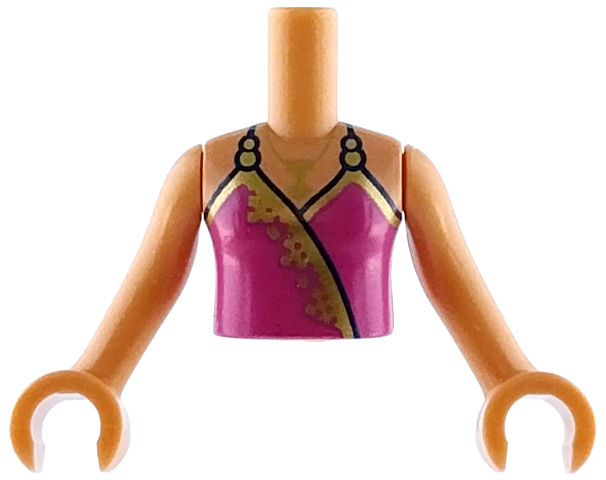 Torso Mini Doll Girl Magenta Sleeveless Dress Top with Dark Blue and Gold Trim and Necklace Pattern, Nougat Arms with Hands