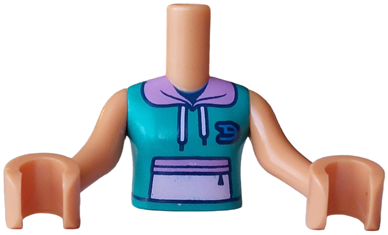Torso Mini Doll Girl Dark Turquoise Sleeveless Hoodie with Lavender Pocket, Medium Lavender Hood, Black and Blue Badge Pattern, Nougat Arms with Hands