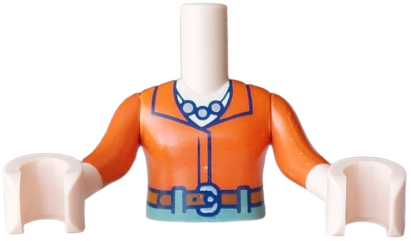 Torso Mini Doll Girl Reddish Orange Shirt, Gold Necklace, Dark Orange Belt with Silver Buckle, Sand Green Trousers with Loops Pattern, Light Nougat Arms with Hands
