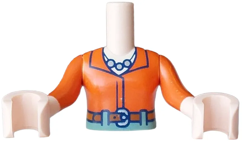 Torso Mini Doll Girl Reddish Orange Shirt, Gold Necklace, Dark Orange Belt with Silver Buckle, Sand Green Trousers with Loops Pattern, Light Nougat Arms with Hands