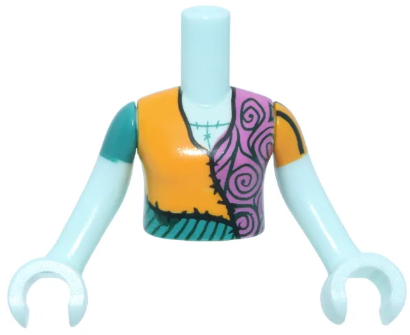 Torso Mini Doll Girl with Ragdoll Patchwork Pattern, Light Aqua Arms with Hands and Dark Turquoise Right Sleeve, Bright Light Orange Striped Left Sleeve