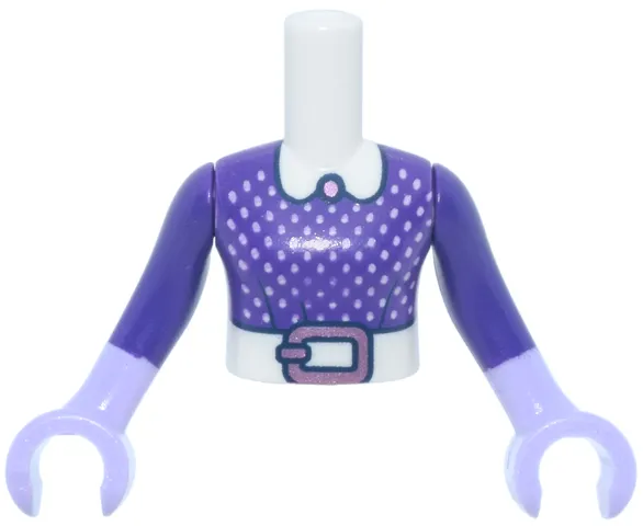 Torso Mini Doll Girl with Dark Purple Bodice, Metallic Pink Dots, Brooch and Belt Buckle Pattern, Lavender Arms with Hands and Dark Purple Long Sleeves