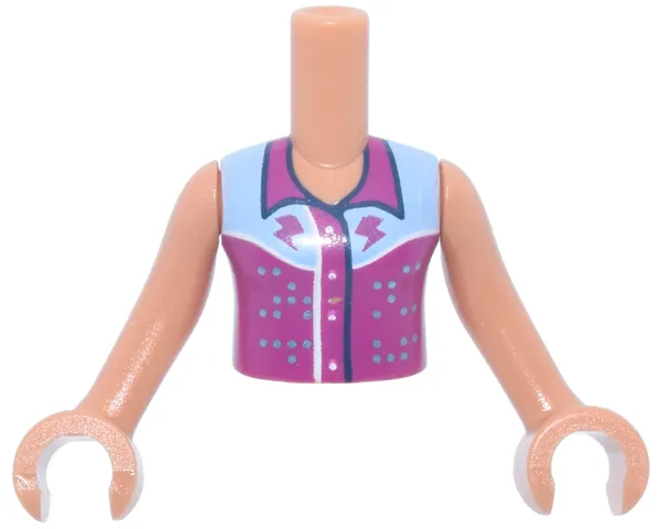 Torso Mini Doll Girl with Magenta Sleeveless Shirt, Collar and Lightning Bolts, Bright Light Blue Yoke Pattern, Nougat Arms with Hands