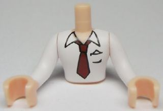Torso Mini Doll Man White Shirt Top with Open Collar, Reddish Brown Tie Pattern, Light Nougat Arms with Hands with White Sleeves