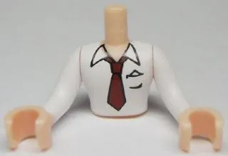 Torso Mini Doll Man White Shirt Top with Open Collar, Reddish Brown Tie Pattern, Light Nougat Arms with Hands with White Sleeves