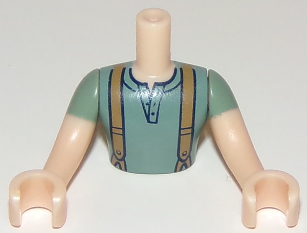 Torso Mini Doll Man Sand Green Top with Suspenders Pattern, Light Nougat Arms with Hands with Sand Green Sleeves