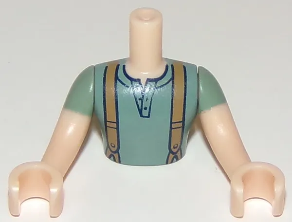 Torso Mini Doll Man Sand Green Top with Suspenders Pattern, Light Nougat Arms with Hands with Sand Green Sleeves