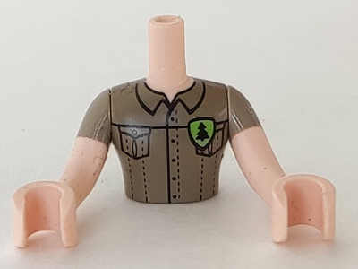 Torso Mini Doll Man Dark Tan Shirt with Pockets and Green Badge with Tree Pattern, Light Nougat Arms with Hands with Dark Tan Sleeves