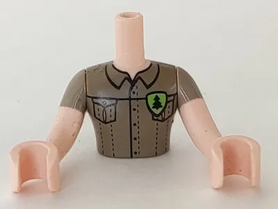 Torso Mini Doll Man Dark Tan Shirt with Pockets and Green Badge with Tree Pattern, Light Nougat Arms with Hands with Dark Tan Sleeves