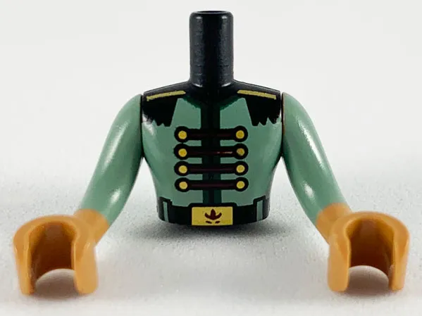 Torso Mini Doll Man Sand Green Uniform with Gold Buttons and Buckle Pattern, Medium Nougat Arms with Hands with Sand Green Sleeves