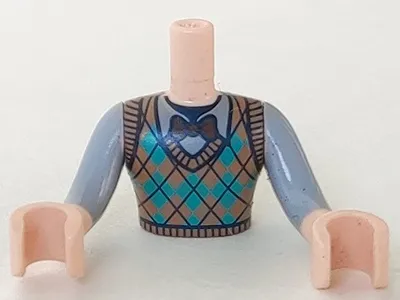 Torso Mini Doll Man Knit Argyle Sweater Vest with Bow Tie Pattern, Light Nougat Arms with Hands with Sand Blue Sleeves