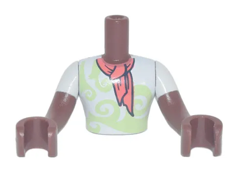 Torso Mini Doll Man White Shirt with Yellowish Green Swirls, Coral Scarf Pattern, Reddish Brown Arms with Hands with White Short Sleeves