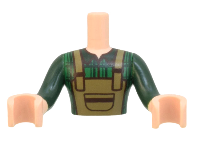 Torso Mini Doll Man Dark Green Plaid Shirt and Dark Tan Overalls Pattern, Light Nougat Arms with Hands with Dark Green Sleeves