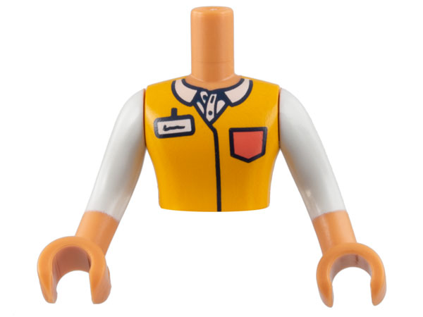 Torso Mini Doll Man Bright Light Orange Shirt, White Collar and Badge, Coral Pocket Pattern, Nougat Arms with Hands with White Long Sleeves