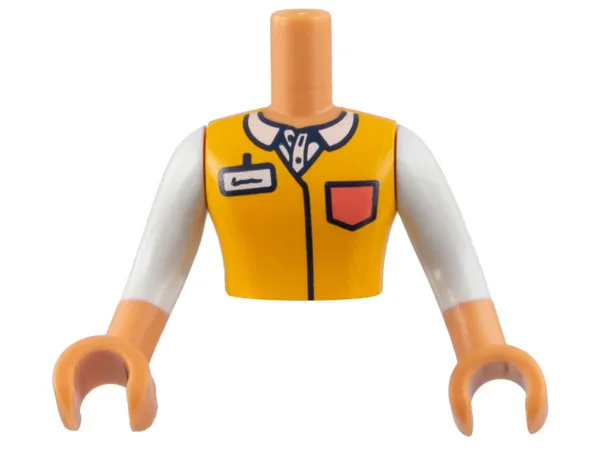 Torso Mini Doll Man Bright Light Orange Shirt, White Collar and Badge, Coral Pocket Pattern, Nougat Arms with Hands with White Long Sleeves