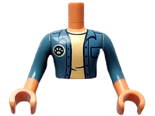 Torso Mini Doll Man Sand Blue Open Jacket with Paw Print Badge over Tan Shirt Pattern, Nougat Arms with Hands with Sand Blue Sleeves