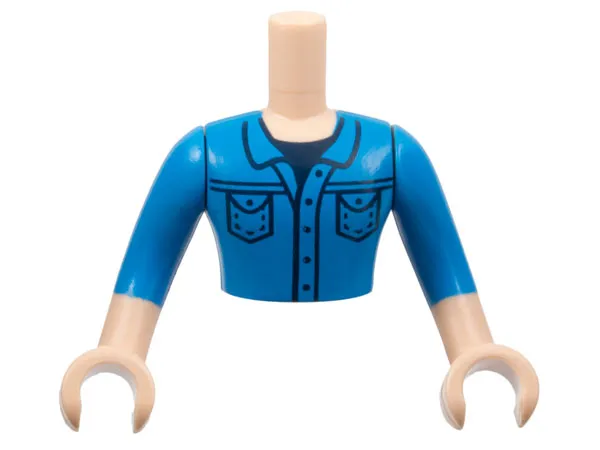 Torso Mini Doll Man Dark Azure Button Up Shirt with Pockets over Dark Blue T-Shirt Pattern, Light Nougat Arms with Hands with Dark Azure Sleeves