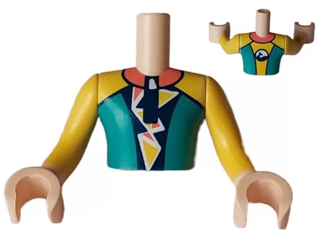 Torso Mini Doll Man Dark Turquoise, Yellow and Dark Blue Wetsuit with Coral Collar, Yellow and Coral Triangles and Dolphin / Whale Logo on Back Pattern, Light Nougat Arms with Hands