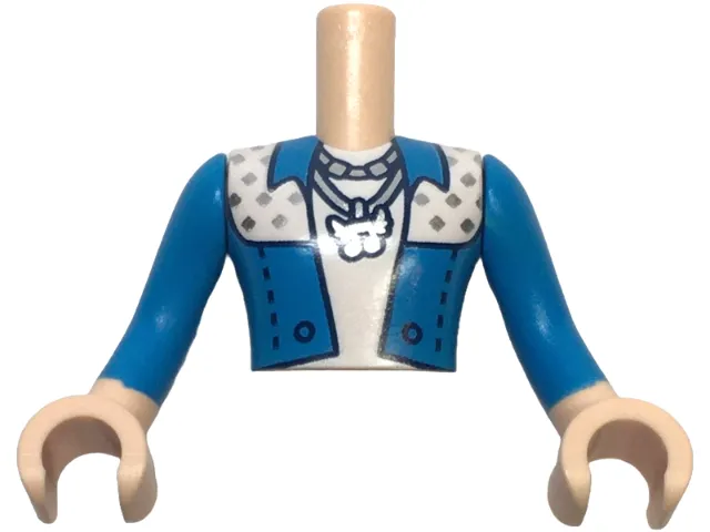 Torso Mini Doll Man Dark Azure and White Jacket with Silver Squares and Music Notes Necklace Pattern, Light Nougat Arms with Hands with Dark Azure Long Sleeves