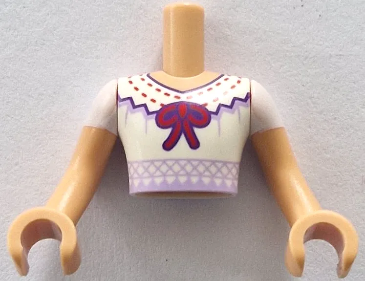 Torso Mini Doll Man White Blouse with Dark Purple and Lavender Trim, Red Stitching and Ribbon Pattern, Medium Tan Arms with Hands with White Short Sleeves
