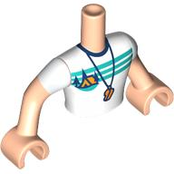 Torso Mini Doll Man White T-Shirt with Orange Tent, Dark Blue Trees, Dark Turquoise Sky and Ground and Whistle Pattern, Light Nougat Arms with Hands with White Short Sleeves