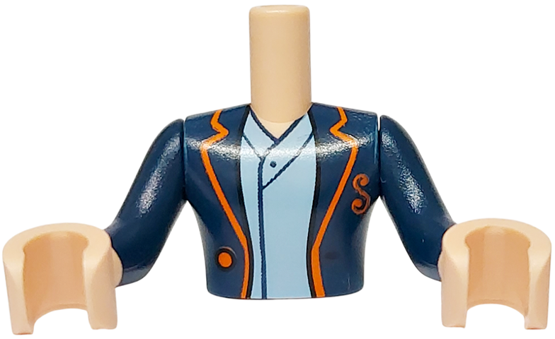 Torso Mini Doll Man Dark Blue Open Jacket, Orange Hem, Button and Letter S, Medium Blue Shirt Pattern, Light Nougat Arms with Hands with Dark Blue Long Sleeves