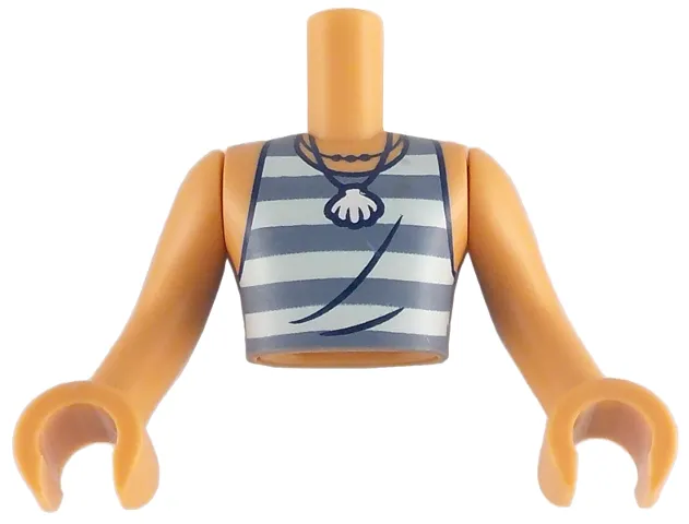 Torso Mini Doll Man Light Aqua and Sand Blue Striped Sleeveless Shirt and Necklace with White Shell Pattern, Nougat Arms with Hands