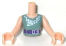 Torso Mini Doll Woman Sand Green Vest Top with White Necklace and Dark Purple Belt Pattern, Light Nougat Arms with Hands