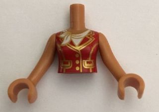 Torso Mini Doll Woman Red Top with Gold Pockets, Buttons and Trim, White Scarf Pattern, Medium Nougat Arms with Hands