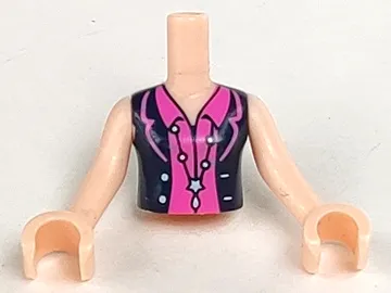 Torso Mini Doll Woman Dark Blue Vest Open with Light Aqua Buttons over Dark Pink Shirt with Collar, Long Necklace with Star Pattern, Light Nougat Arms with Hands