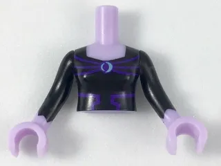 Torso Mini Doll Woman Black Bodice Top with Metallic Light Blue Eclipse and Dark Purple Lines Pattern, Lavender Arms with Hands with Black Sleeves
