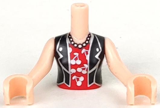 Torso Mini Doll Woman Black Vest over Red Shirt with Cherries, Short Necklace Pattern, Light Nougat Arms with Hands