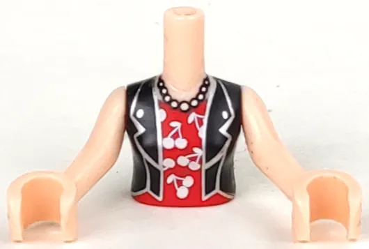 Torso Mini Doll Woman Black Vest over Red Shirt with Cherries, Short Necklace Pattern, Light Nougat Arms with Hands