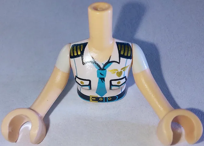 Torso Mini Doll Woman White Captain Uniform Top with Tie and Belt Pattern, Light Nougat Arms with Hands with White Sleeves