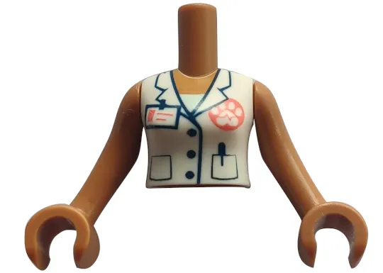 Torso Mini Doll Woman White Vest with Paw Print, ID Badge, and Pockets Pattern, Medium Nougat Arms with Hands